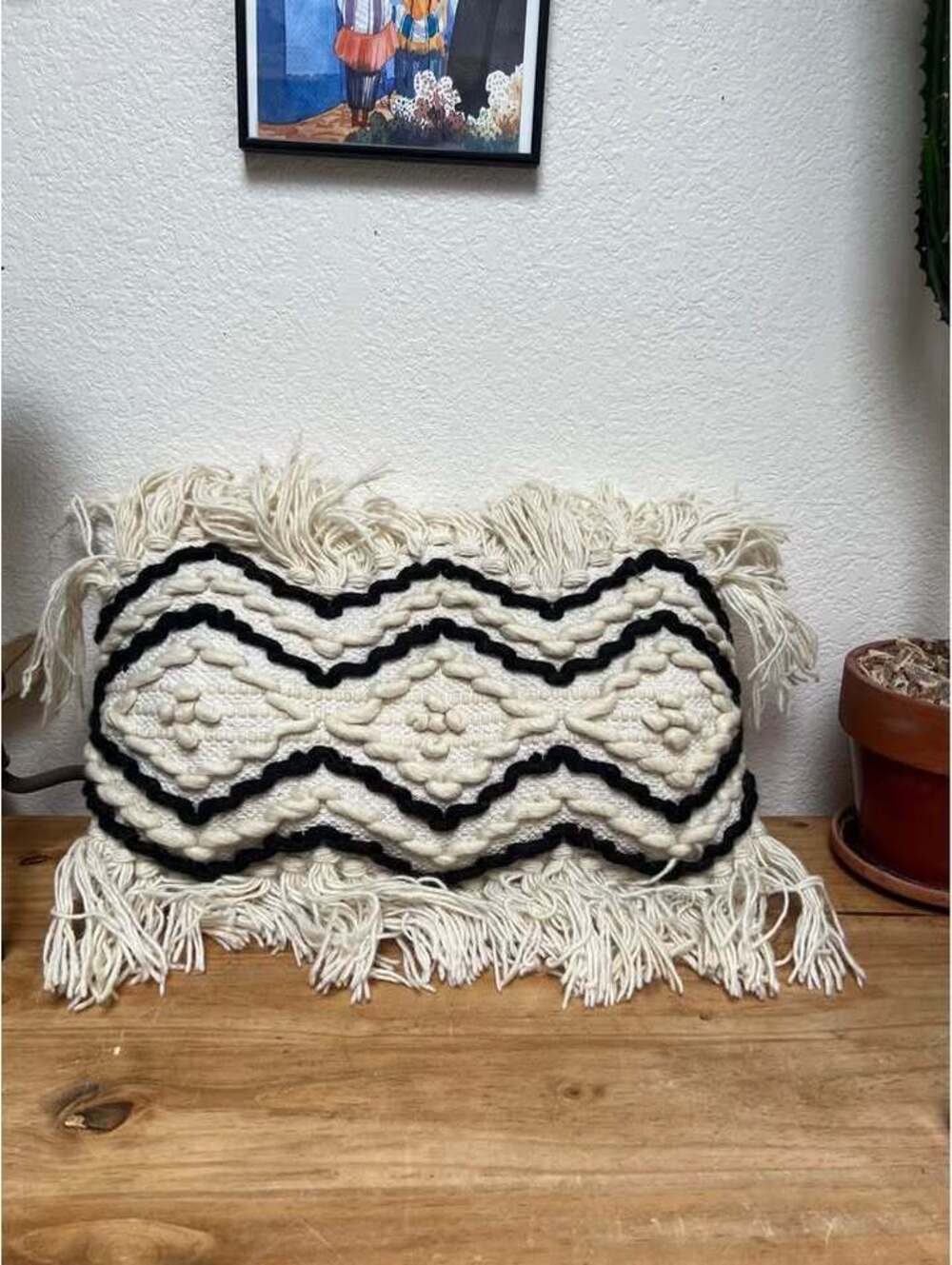 3 Boho LOLOI 13”x21” Black & Cream Wool & Cotton Lumbar Throw Pillows Down